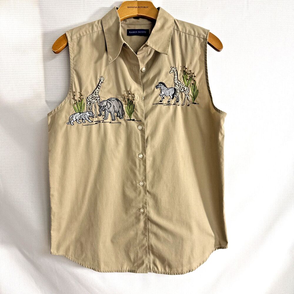 Karen Scott Sleeveless Safari Shirt – Animal Embroidery, Junglecore - M